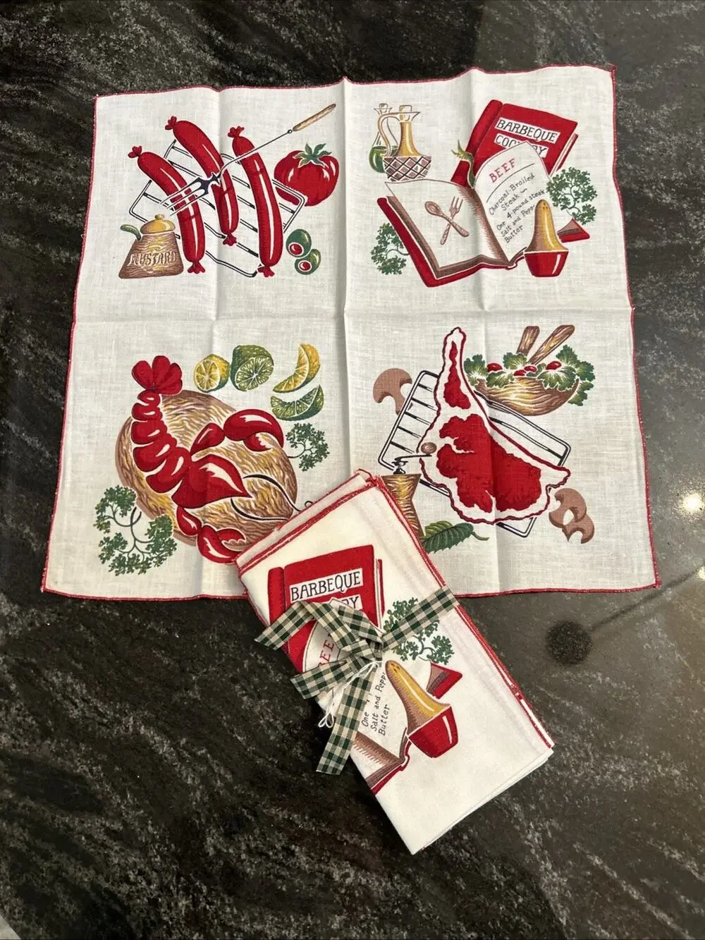 Lot of 4 Vintage MCM Napkins Lobster Beef Steak BBQ Picnic Picnic *FLAW*
